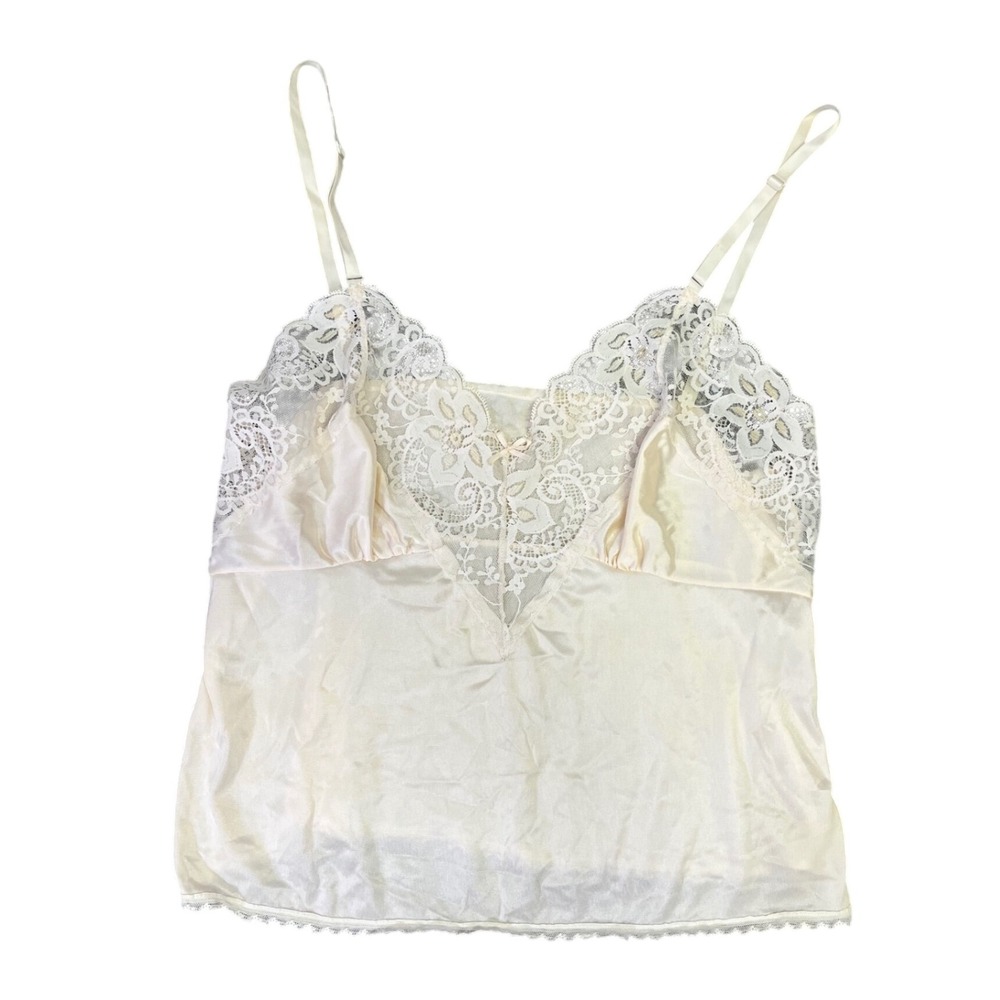 Y2K Vintage Ashley Taylor Lace Trim Cami‎ Cropped Top Nylon Beige Lingerie Mediu
